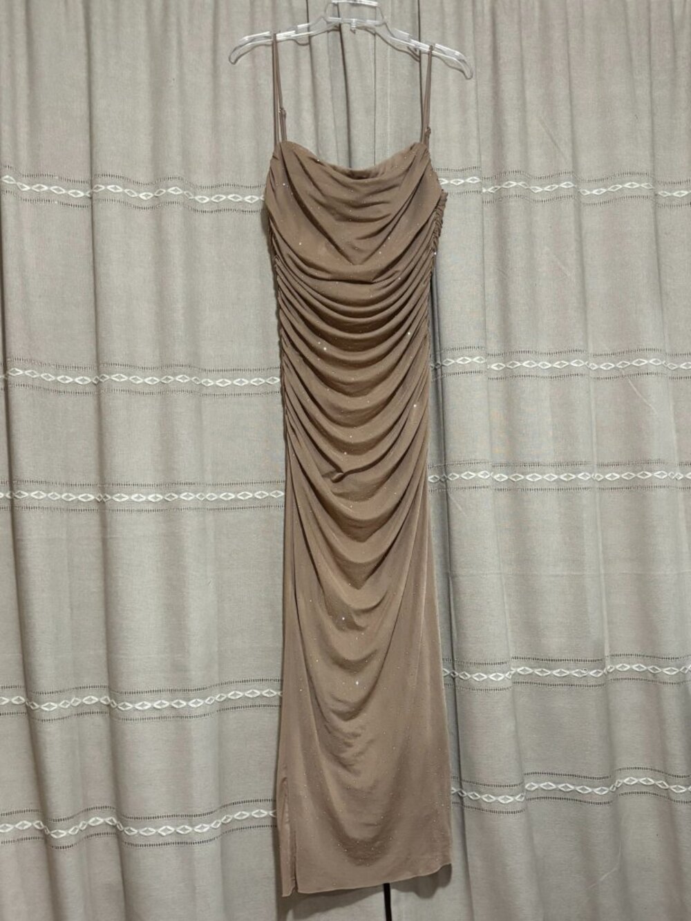 VICI Taupe Beige Rhinestone Sparkle Ruched Mesh Bodycon Maxi Dress XL
